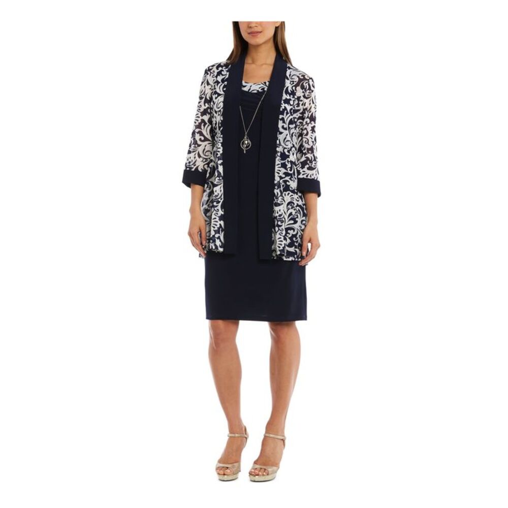 R&M RICHARDS PETITE Womens Navy 3/4 Sleeve Knee Length Sheath Dress Petites 4P